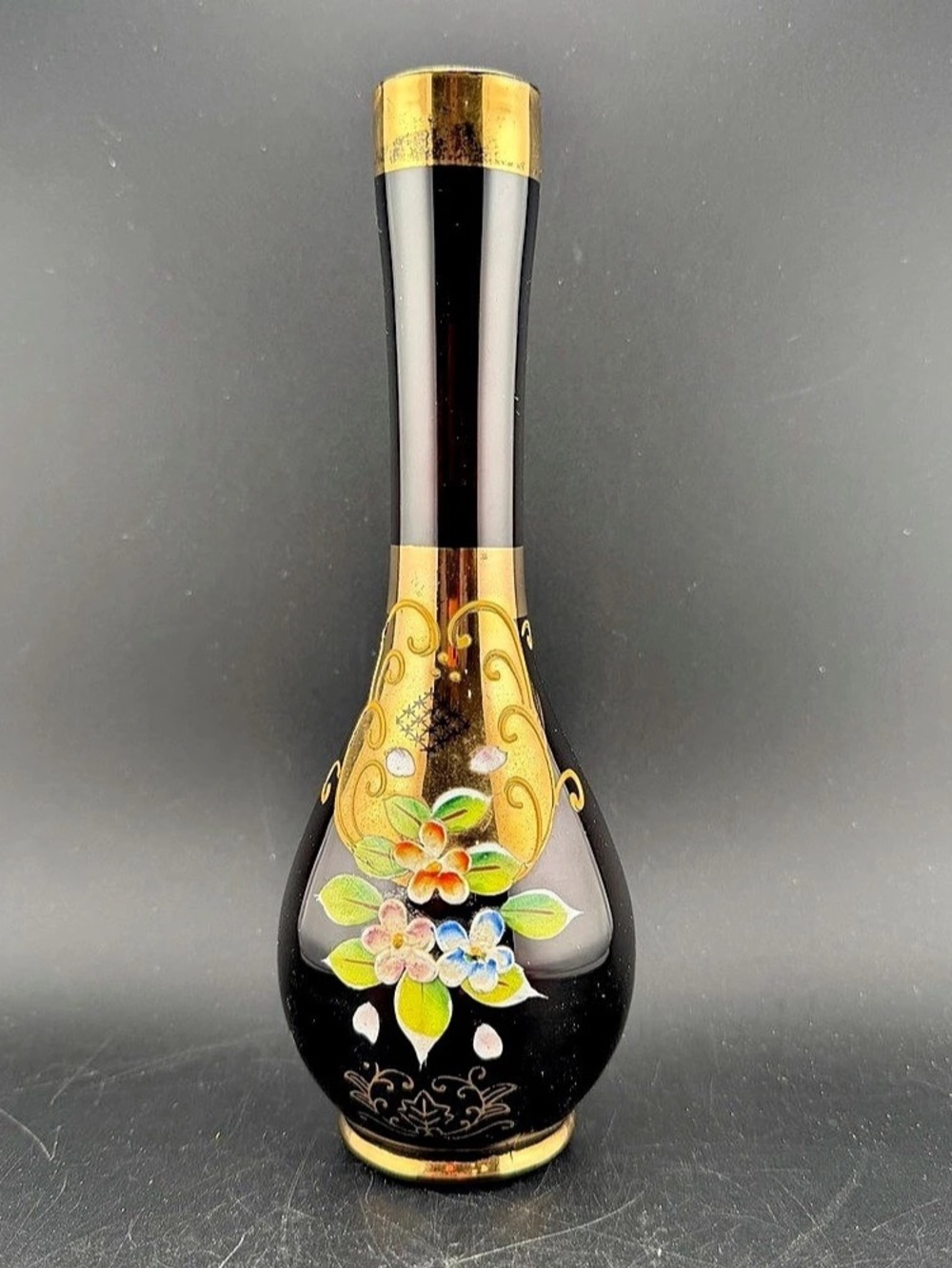 Vtg Norleans Japan Amethyst Glass Bud Vase Gilt Floral Moriage Hand Painted 8”